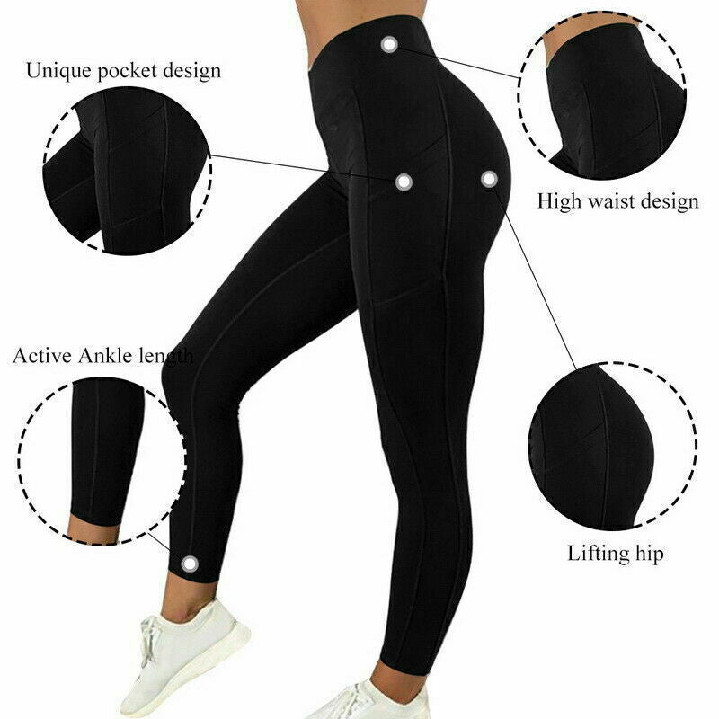 Women High Waist Gym Leggings Pocket Fitness Sports Running Ladies Yoga Pants UK