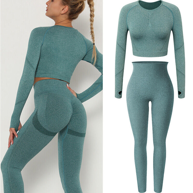 Women Seamless Long Sleeve Crop Top Yoga Suit Gym Leggings Pants Gym Workout Set