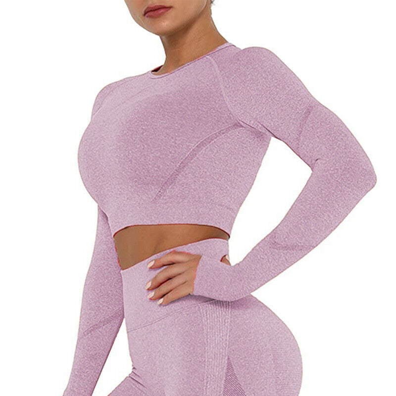 Women Seamless Long Sleeve Crop Top Yoga Suit Gym Leggings Pants Gym Workout Set