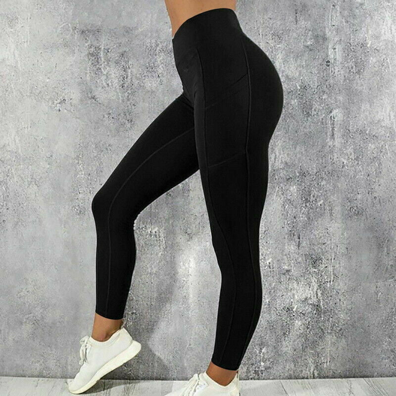 Women High Waist Gym Leggings Pocket Fitness Sports Running Ladies Yoga Pants UK