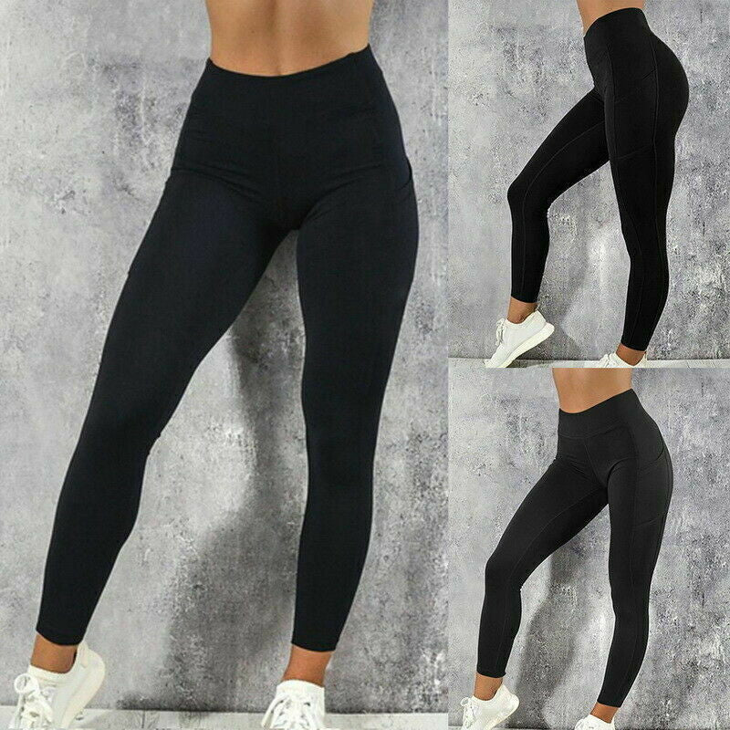 Women High Waist Gym Leggings Pocket Fitness Sports Running Ladies Yoga Pants UK