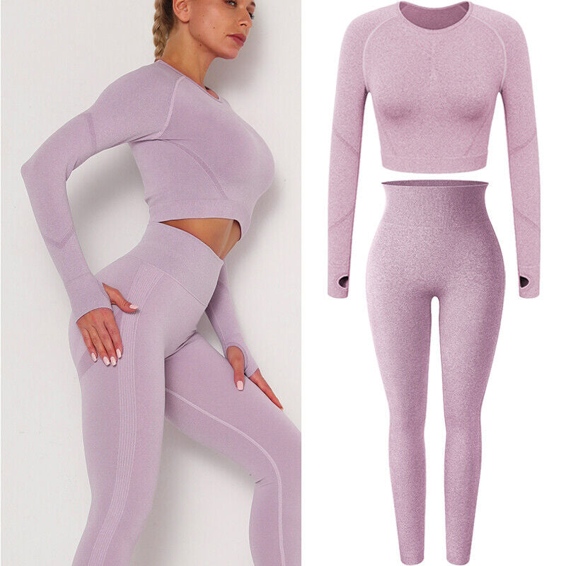 Women Seamless Long Sleeve Crop Top Yoga Suit Gym Leggings Pants Gym Workout Set