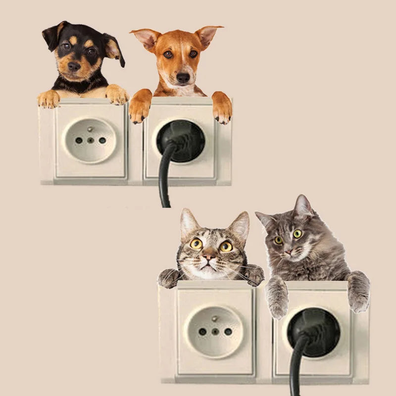 Very Cute 3D Cat And Dog Switch Stickers PVC Removable Wall Sticker Vinyl For Bedroom Living Room Home Decor Decals Socket Paste