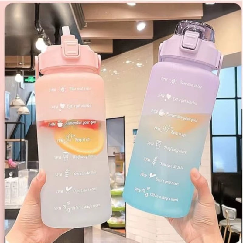 2L Sports Water Time Marker with Straw Large Gym Travel Drinking Bottle