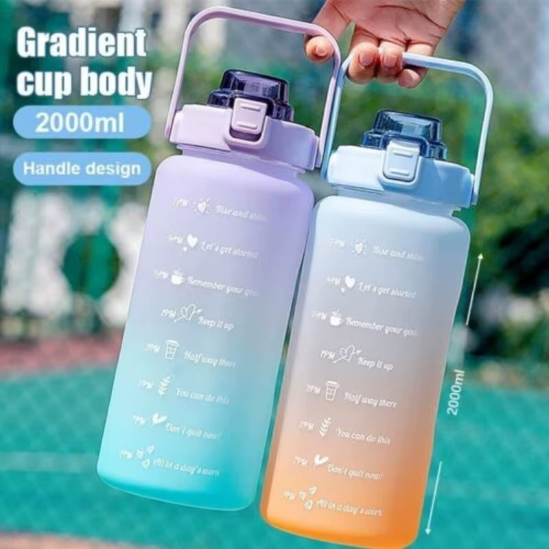 2L Sports Water Time Marker with Straw Large Gym Travel Drinking Bottle